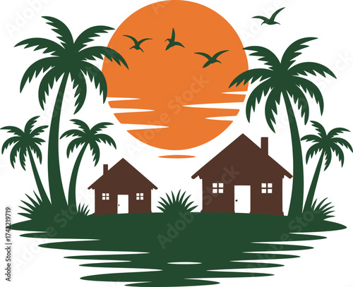 Tropical island homes with palm trees and birds against a vibrant sunset silhouette