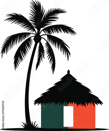 Tropical hut with palm tree and flag colors silhouette on white background