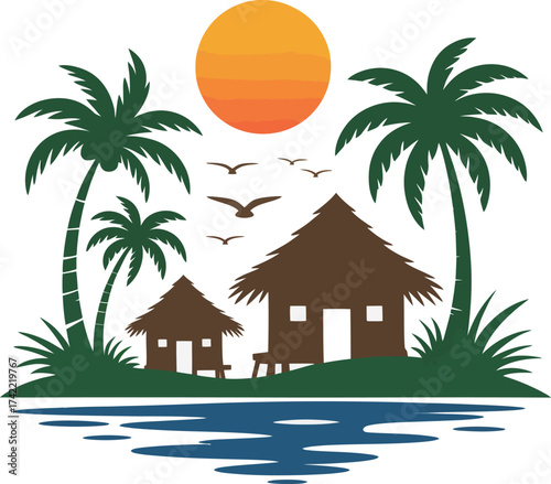 Tropical island huts and palm trees at sunset with birds flying silhouette