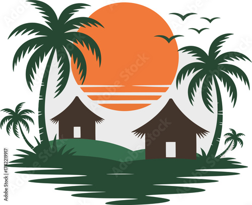Tropical island paradise with palm trees and huts against a vibrant sunset silhouette