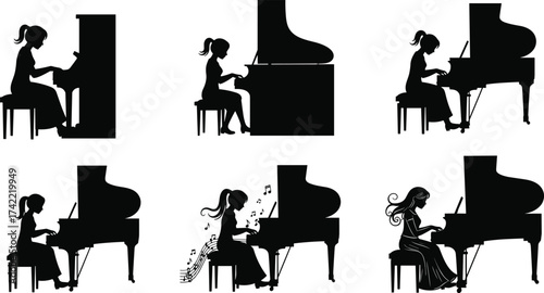 Silhouette of woman playing piano, female musician performing classical music, artistic pianist illustration, elegant grand piano musical creativity design