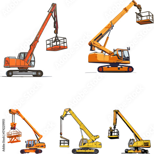 construction equipment set in color style, set of boom lift in color style