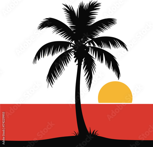 Tropical palm tree silhouette against a vibrant sunset over the ocean horizon