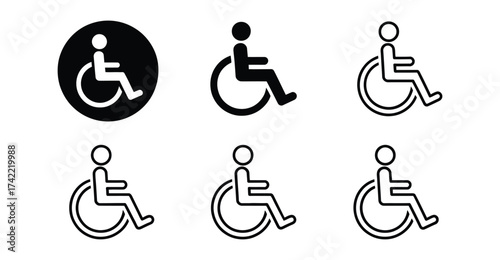 Set of six wheelchair accessibility icons in black and white, solid and outline styles for signage, public space, UI, or inclusive design