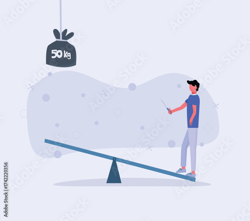 Man on seesaw ready to drop weight with remote controller to Launch himself. throw high