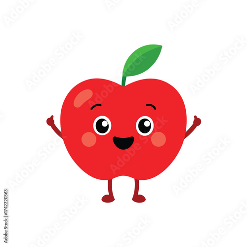 Cute happy red apple character with arms and legs smiling and waving isolated on white background. apple cartoon character.