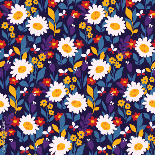 Seamless floral pattern, charming ditsy print of painted wildflowers. Cute botanical design of pretty cartoon meadow, large chamomiles, small flowers, blue leaves on a dark field. Vector illustration.