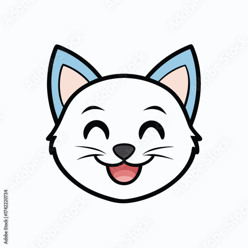 Cute cartoon white cat face with blue ears and happy expression sticking out its tongue. cat head cartoon character