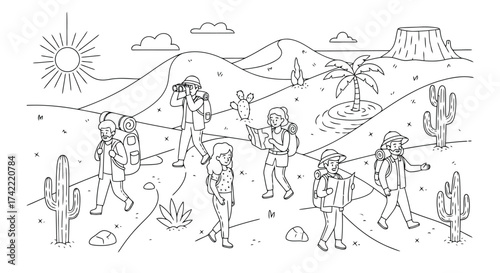 Group of hikers exploring desert landscape with cacti and mountains vector design