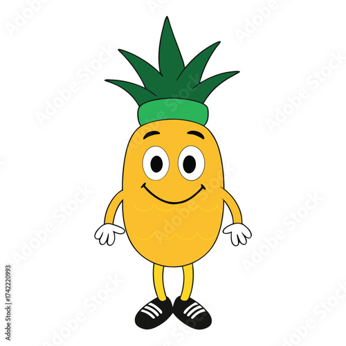 Cute cartoon pineapple character with a happy face and green crown standing on white background. pineapple cartoon character.
