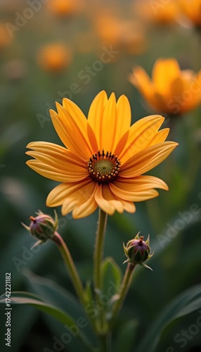 A close up of a yellow flower in a field of flowers.