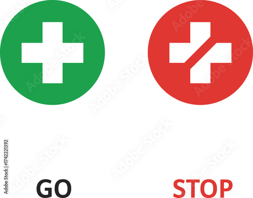 Green go plus symbol and red stop cross symbol icons representing choices and decisions isolated on transparent background