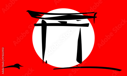 Sumi-e Torii Gate - Asian Calligraphy and Painting Symbolism