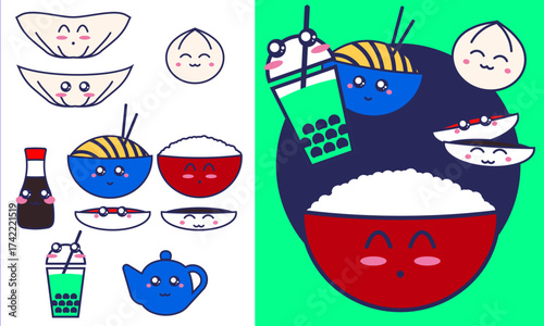 Kawaii Asian Cuisine with Rice Bowl and Bubble Tea - Cute Food Illustration