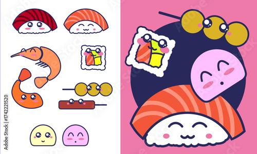 Cute Asian Food Characters, Sushi, Dango and Shrimp - Kawaii Style Illustration