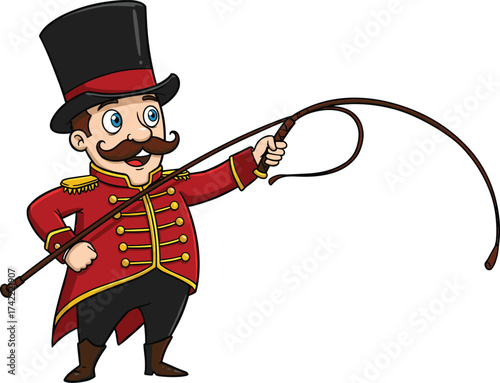 Cartoon circus ringmaster character, red coat costume, black top hat, curled mustache, holding whip, theatrical performance pose, vintage circus master illustration, entertainment show leader