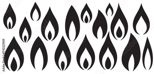 Collection of stylized black flame icons representing fire and energy