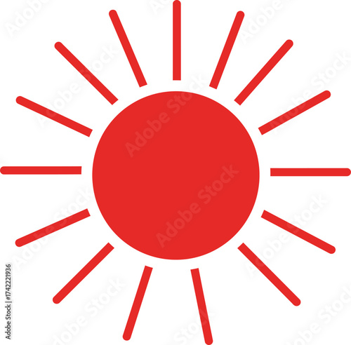 Bright red sun icon symbol with outlines radiation rays solar energy symbol isolated on transparent background