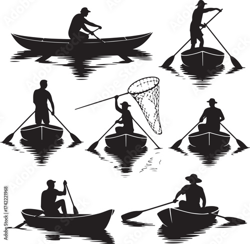 Silhouetted Rowers in Boats and Canoes on Calm Waters for Outdoor Activities and Vector Art Illustrations