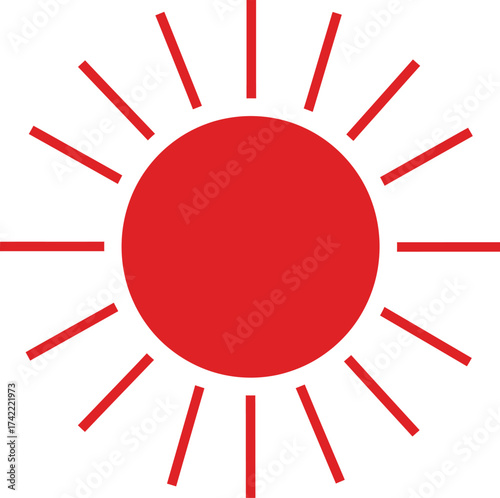 Vibrant red sun icon with radial rays symbolizing heat light energy celestial body isolated on transparent background