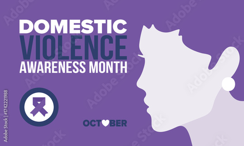 Domestic Violence Awareness Month in October. Celebrate annual in United States. Awareness purple ribbon. Day of Unity. Prevention campaign. Stop women abuse. Poster, banner and background. Vector