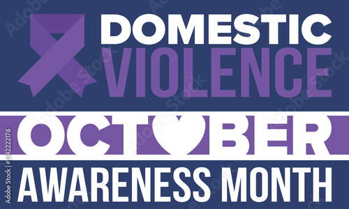 Domestic Violence Awareness Month in October. Celebrate annual in United States. Awareness purple ribbon. Day of Unity. Prevention campaign. Stop women abuse. Poster, banner and background. Vector