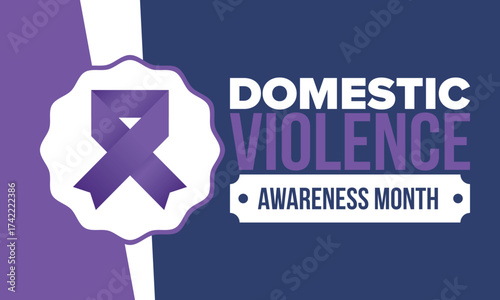 Domestic Violence Awareness Month in October. Celebrate annual in United States. Awareness purple ribbon. Day of Unity. Prevention campaign. Stop women abuse. Poster, banner and background. Vector