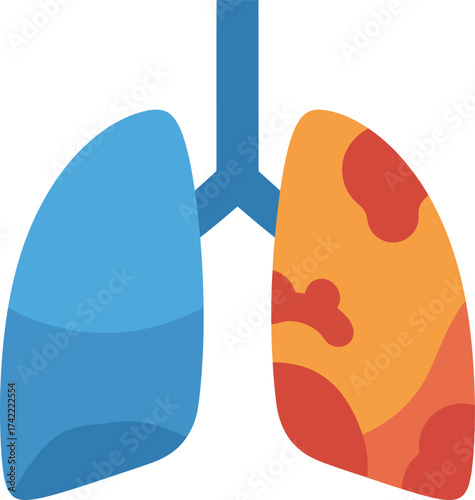 Stylized lungs graphic shows healthy left lung versus diseased right lung with spots isolated on transparent background
