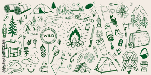 Collection of hand drawn camping and outdoor adventure elements in green outline on a light background