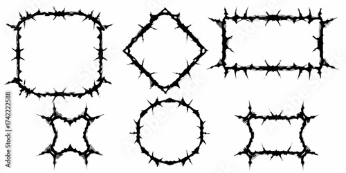 Collection of six unique black thorny frames in various shapes and sizes on a white background