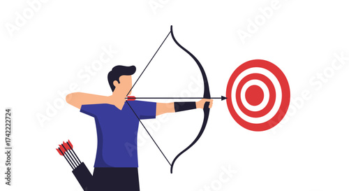 Archer aiming bow and arrow at target goal achieving success and precision focus isolated on transparent background