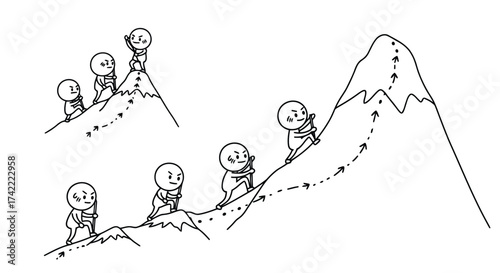 Teamwork illustration with characters climbing a mountain together vector design