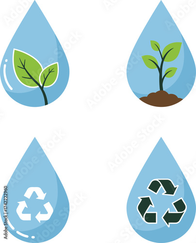 Four water drops each featuring a symbol of nature and recycling for environmental awareness and sustainability concepts isolated on transparent background