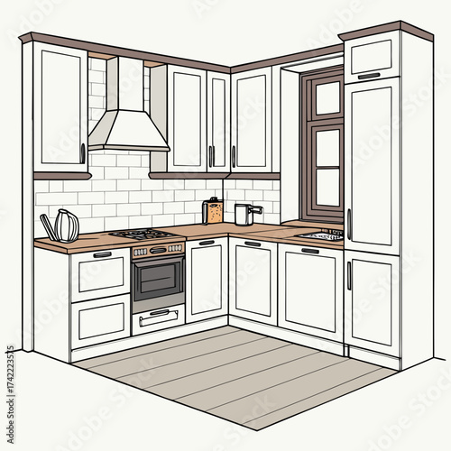 Vector art of isometric illustration of a compact kitchen featuring white cabinets, a wooden countertop, an oven, a stove, a sink, and a window, creating a functional and stylish cooking space