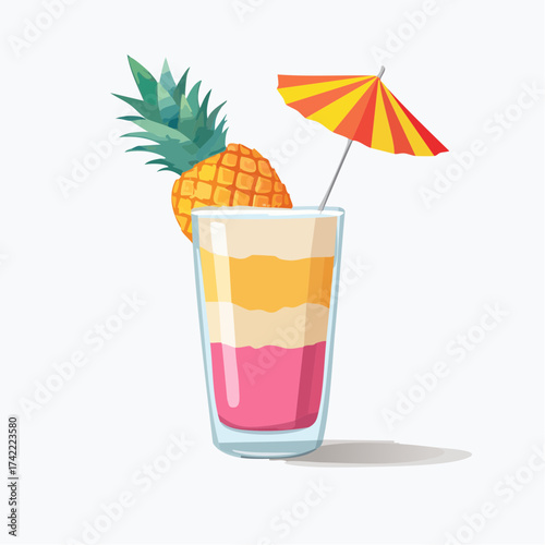 Vibrant Layered Tropical Cocktail with Pineapple Garnish and Umbrella Refreshing Summer Drink Illustration for Beverage and Vacation Concepts
