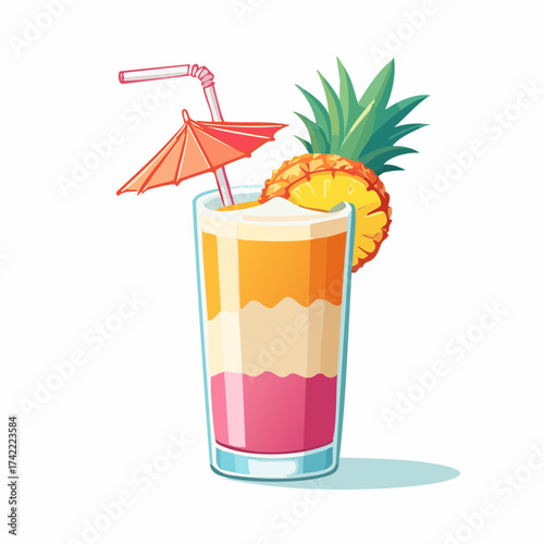 Refreshing Tropical Layered Cocktail with Pineapple Slice Umbrella and Straw Vector Illustration