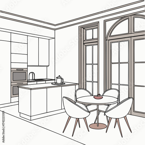 Vector art of modern kitchen interior with island, cabinets, and dining area, featuring a clean and minimalist design, with large windows providing ample natural light