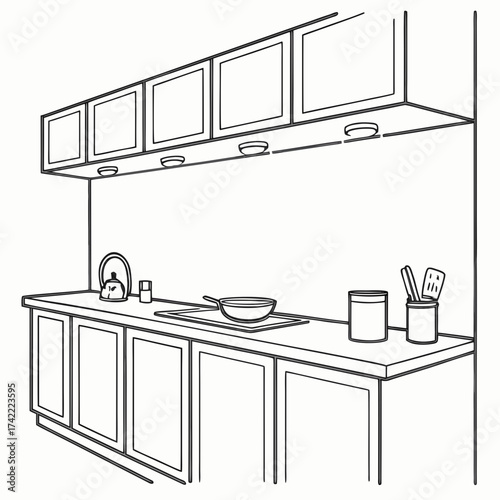Vector art of detailed line drawing of a kitchen countertop with cabinets, featuring a sink, faucet, cooking utensils, and overhead lighting, , showcasing a minimalist design