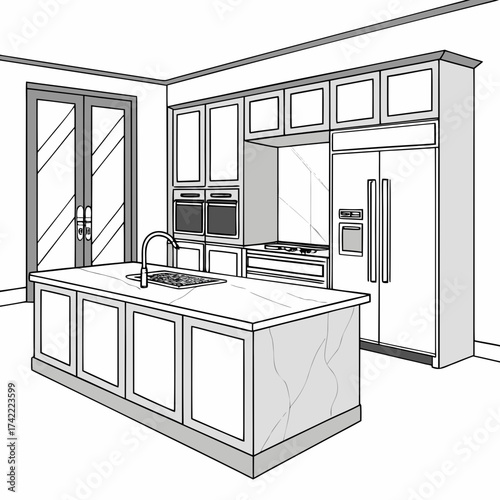 Vector art of detailed line drawing of a modern kitchen with an island, featuring cabinets, appliances, and a sink, , showcasing a sleek and functional design