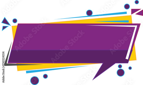 Vector art of vibrant purple and yellow speech bubble with blue accents and scattered dots, , conveying a message of communication, ideas, or sales