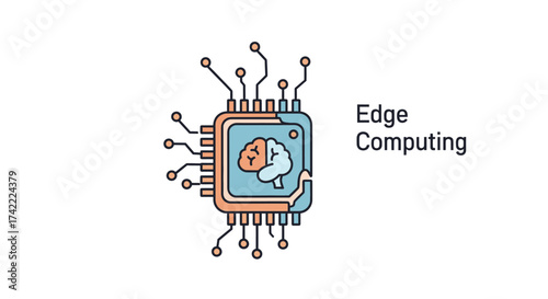 Vector art of edge computing illustration, featuring a microchip with a brain inside, representing decentralized data processing
