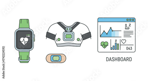 Vector art of wearable health monitoring devices and dashboard for tracking vital signs and sleep patterns for better health management
