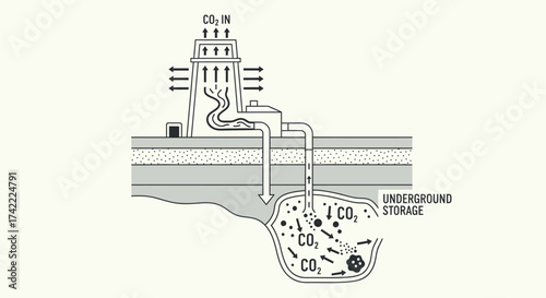 Carbon capture and storage diagram, representing carbon dioxide removal from atmosphere and underground storage