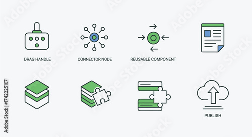 Vector art of set of software component icons representing drag handle, connector node, reusable component, and publish