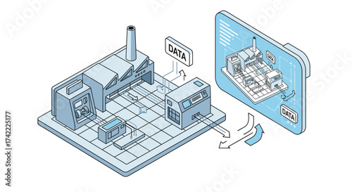 Isometric illustration of a factory with data flowing through the system, concept of industry 40 and automation