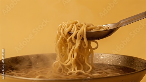 Steaming bowl of noodles with a golden backdrop