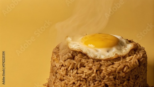 Steaming rice topped with a sunny-side-up egg