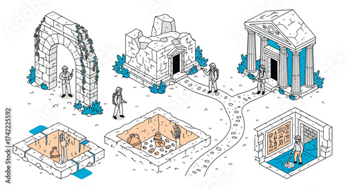 Ancient architectural structures and floor plans in isometric style vector design
