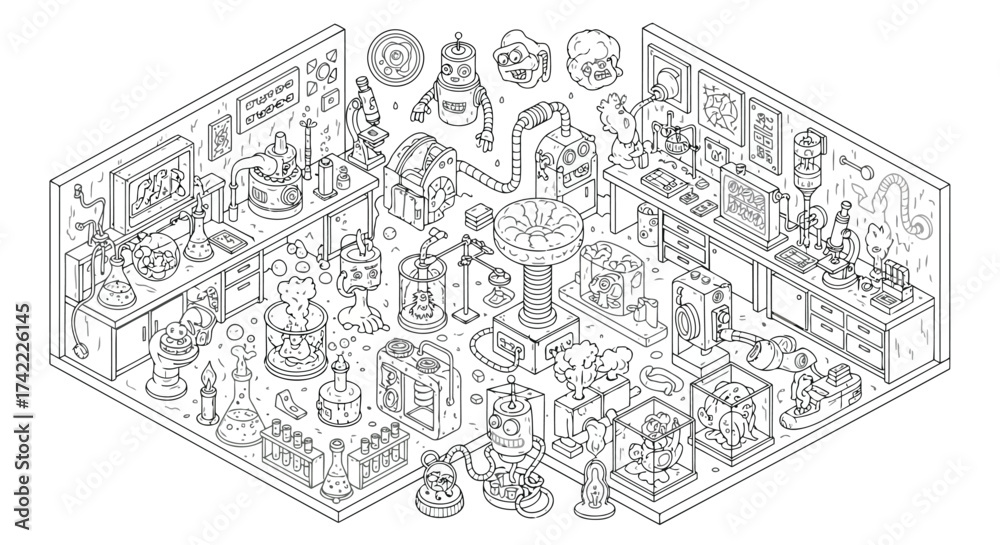 Obraz premium Detailed isometric illustration of a busy laboratory with scientific equipment vector design