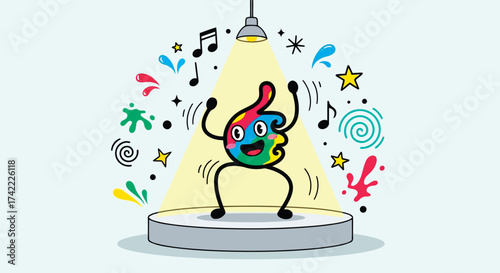 Colorful cartoon character dancing under spotlight with musical notes vector design